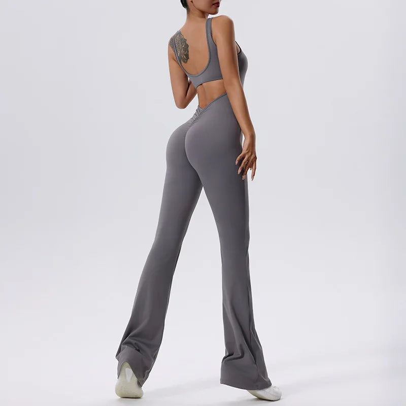 V Back Scrunch Gym Set Women Sport One-Piece Suit Yoga Suit Flared Pants Women Sports Jumpsuit Fitness Rompers Workout Bodysuits