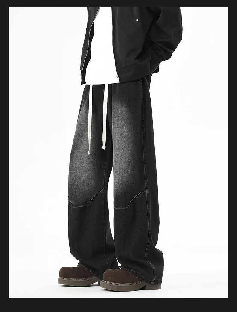2025 Hip-hop Baggy Denim season elastic waist New Korean Men's Jeans American Loose Fit Wide-leg Straight Casual Trousers Street