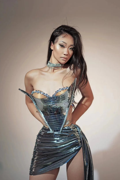 Sparkly Red Sequins Evening Dress Women Adult SexyTwo-piece Off-shoulder Party DressesNightclub Bar Stage Performance Y004