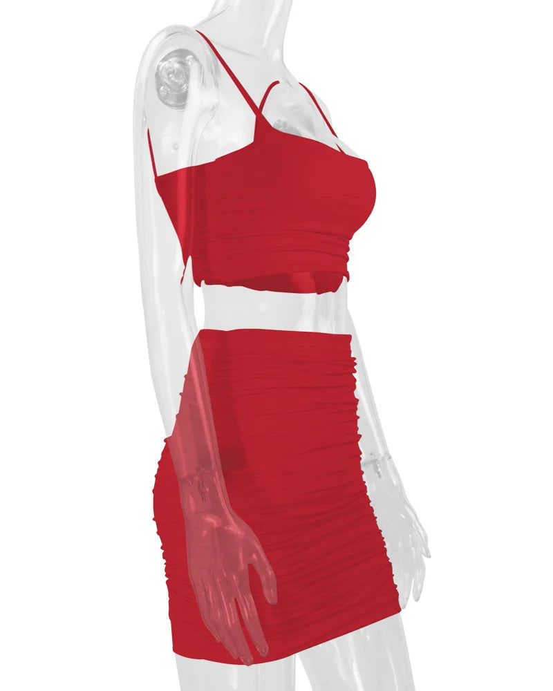 Women's New Sexy Sleeveless Strap Small Tank Top Short Top Fashion Wrinkle Bag Hip Skirt Two Piece Set