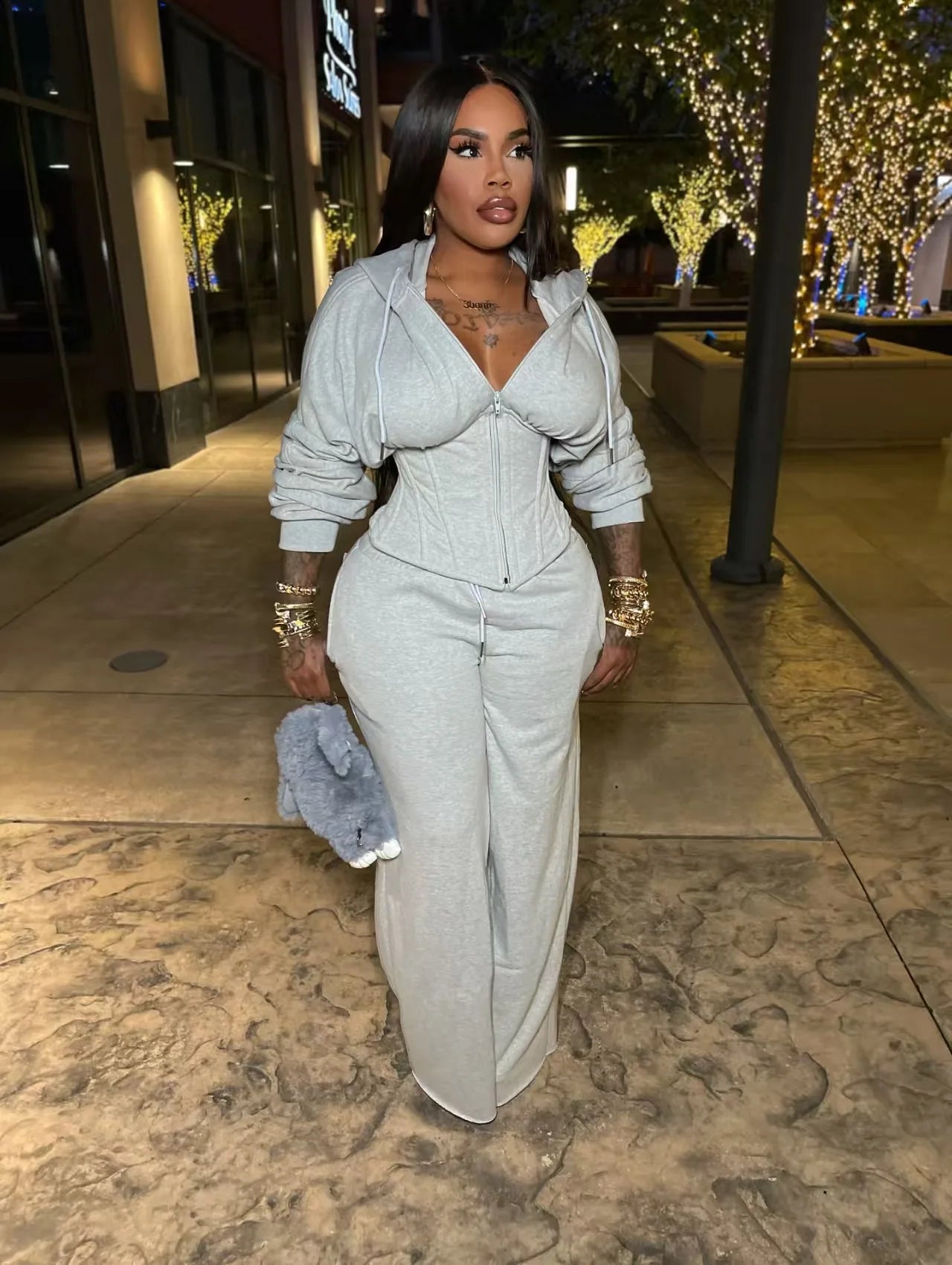 FAGADOER Casual 2 Pieces Set for Woman Outfits Solid Color Bandage Patchwork Hooded Crop Top and Pants Suit Female Streetwear