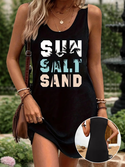 Women's Summer Sleeveless Tank Top Dress Sexy Women's summer loose sleeveless short mini dress with black print