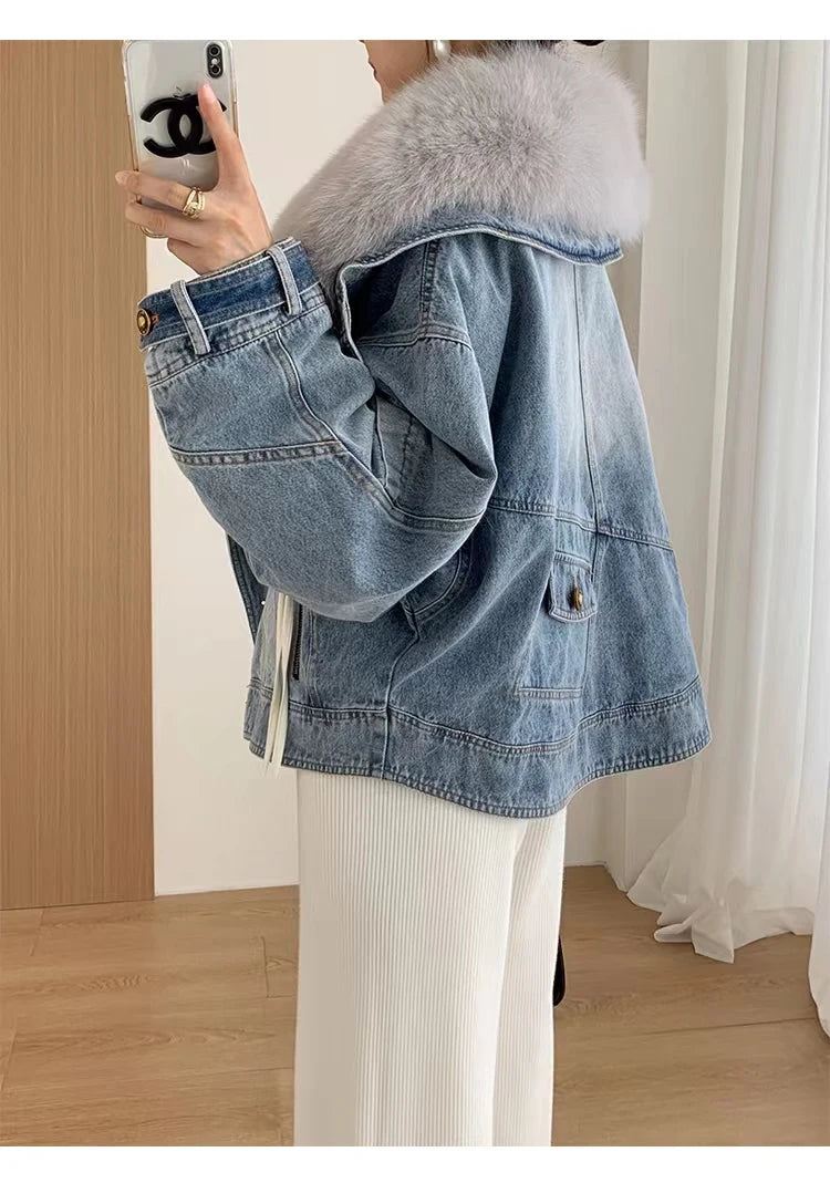 Womens Coats Spring New 100%Natural Real Fox Fur Collar Fashion Short Denim Jacket Luxury Goose Down Puffer Jackets Clothing