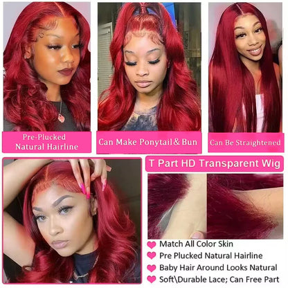 99J Burgundy Body Wave 13x4 13x6 HD Transparent Lace Wig Human Hair Wig 36 Inch wig No Tangle Colored Brazilian Hair Wigs