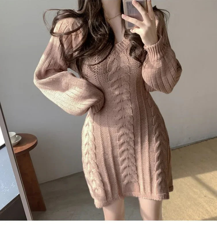 Korean Chic Autumn Gentle V-neck Linen Pattern Design Slimming Long Sleeve A- line Knitted Dress High Collar Ankle-length Dress
