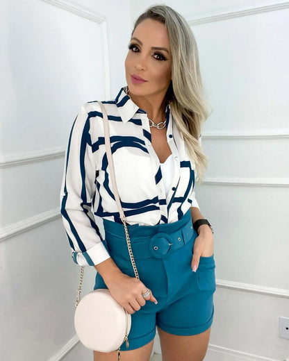 Women Geometric Print Shirt, Spring and Autumn Fashion Long-sleeved Shirts, Camisa Girls Chemise Size S M L XL XXL