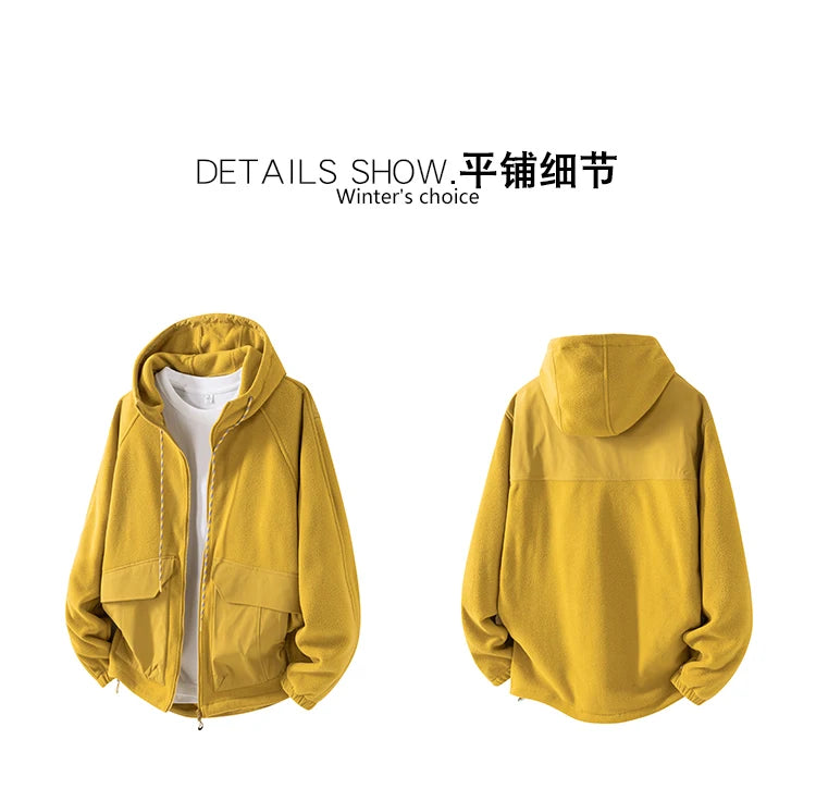 Autumn Velvet Hooded Jacket Men Outdoor Sport Techwear Loose Casual Plus Size Hoodie Cargo Jacket Outerwear Coat