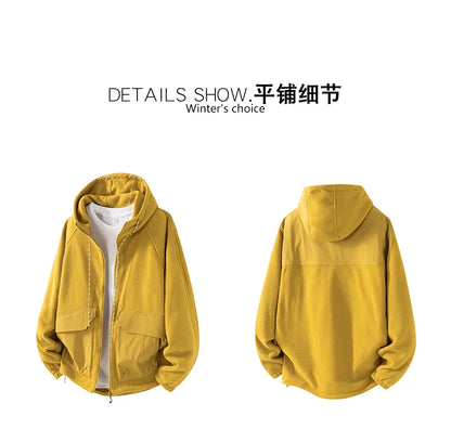 Autumn Velvet Hooded Jacket Men Outdoor Sport Techwear Loose Casual Plus Size Hoodie Cargo Jacket Outerwear Coat