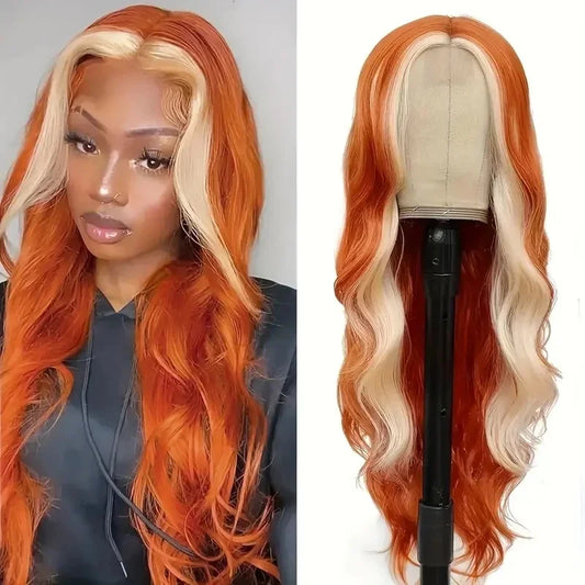 26" Long Blonde to Orange Gradient Highlight Wig Skunk Stripe Synthetic Lace Front Voluminous Body Wave Hair for Women