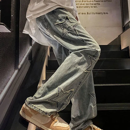 Xpqbb Y2K Vintage Streetwear Jeans Women Harajuku Star Aesthetic Wide Leg Denim Trousers High Waist Unisex Couple Straight Pants