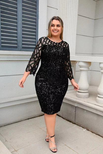 Party Dress Plus Size Ladies Midi Sequin Mesh Long Sleeve Lace Elegant Bodycon L-4XL 5XL Evening Dresses Woman Summer