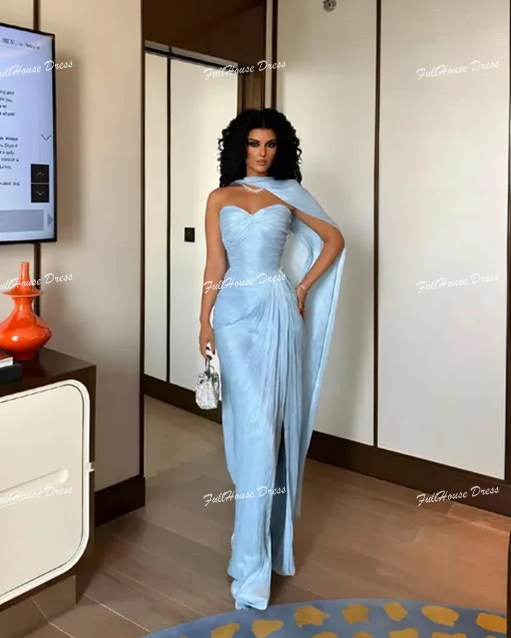 Customized Sweetheart Collar Pleated Evening Dress Backless Sexy Mermaid Backless Floor Length Side Slit Prom Dress with Court