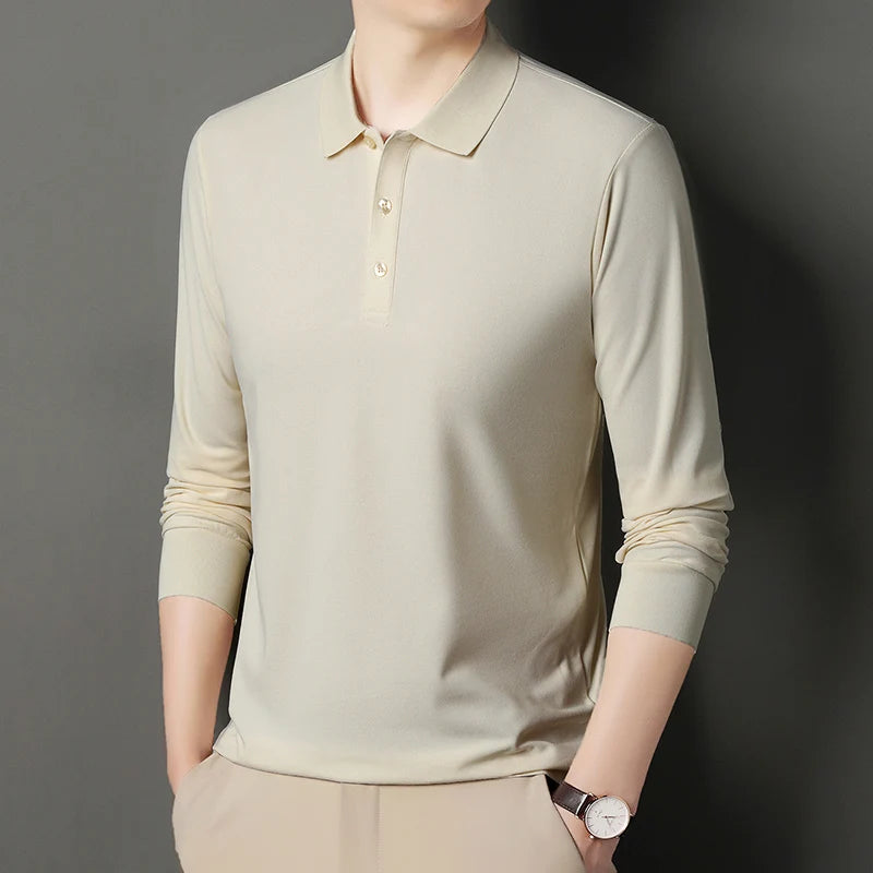 Autumn new men's long sleeved cotton polo shirt, middle-aged business, comfortable, solid color, loose men's lapel T-shirt