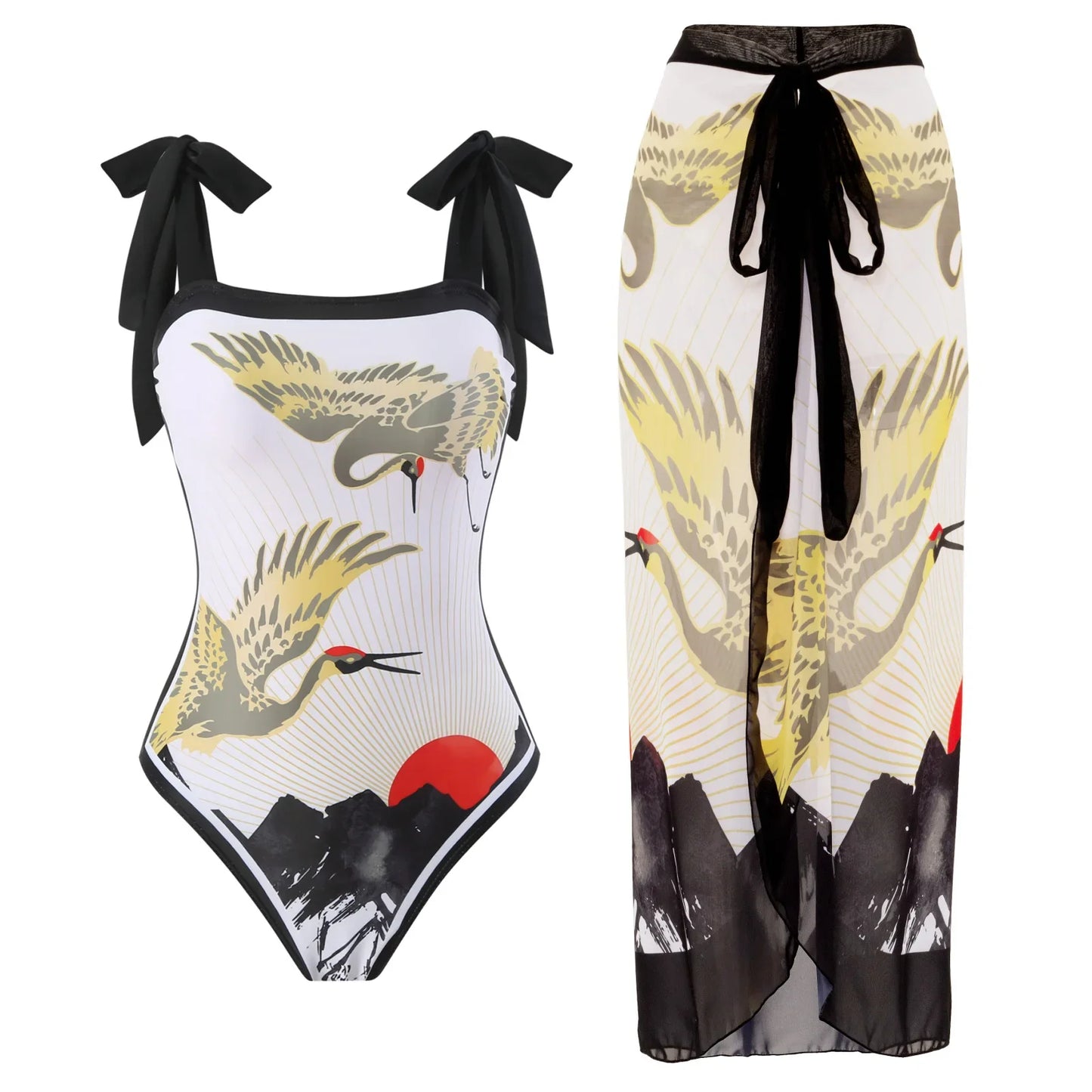 Fashion Women Cover Swimsuit Retro Print Gorgeous One-Piece Suit with Swimwear Beach Casual Swimwear Skirt That Wraps Hips