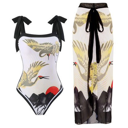 Fashion Women Cover Swimsuit Retro Print Gorgeous One-Piece Suit with Swimwear Beach Casual Swimwear Skirt That Wraps Hips