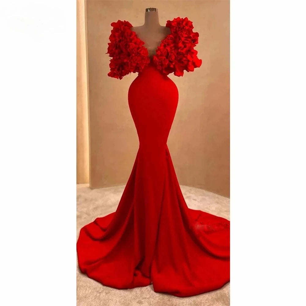 Fashion Red Prom Dress V-Neck Pleat Flower Mermaid Floor Length Sweep Train Formal Party Dresses Evening Gown Customized