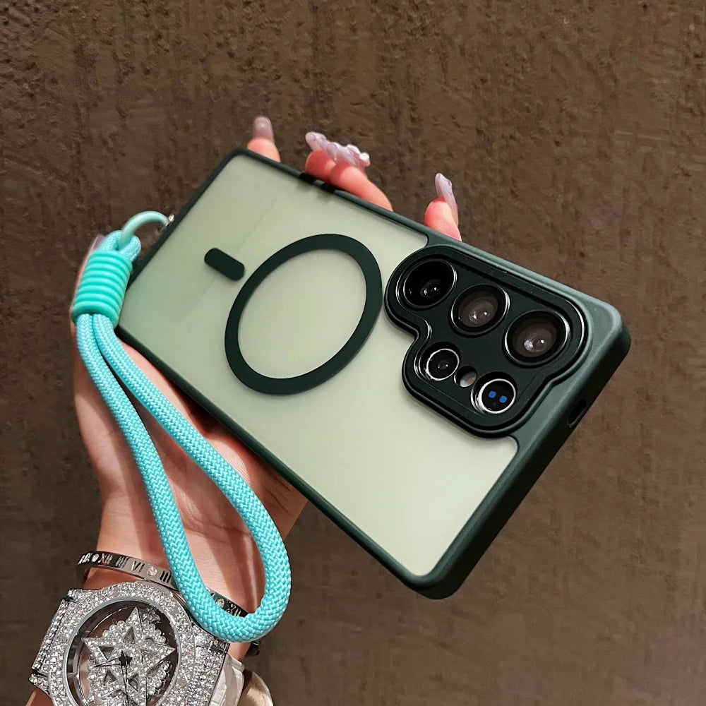 Wrist Strap Cord Magnetic Matte Translucent Armor Case For Samsung S25 Ultra S24 FE S23 Plus For Magsafe Wireless Charge Cover