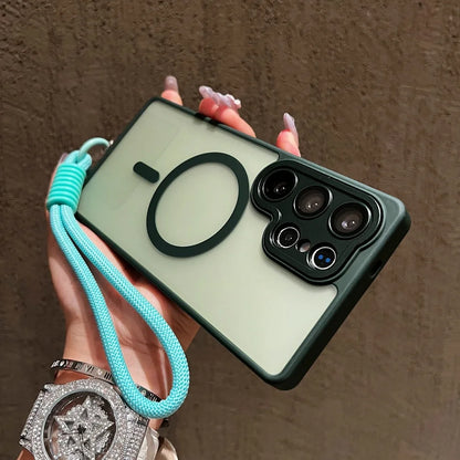 Wrist Strap Cord Magnetic Matte Translucent Armor Case For Samsung S25 Ultra S24 FE S23 Plus For Magsafe Wireless Charge Cover