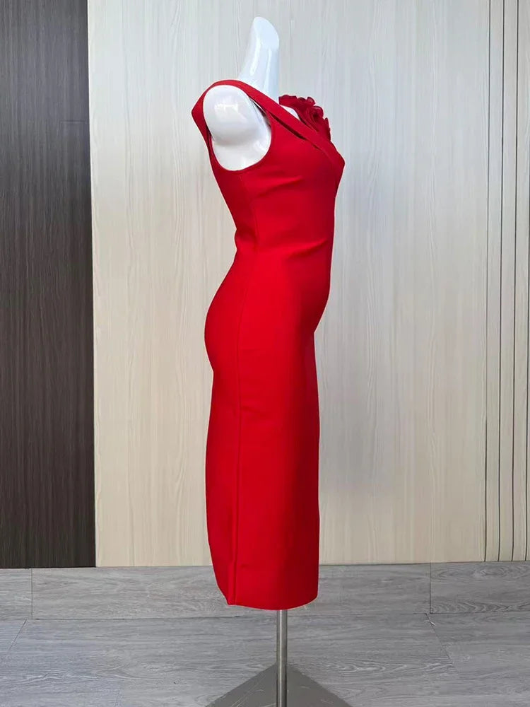 2026 Sexy Off The Shoulder Flower Patchwork Bandage Dress Women Red Florals Bodycon Midi Dresses Evening Party Gowns