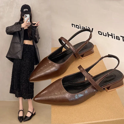 New Women Baotou Patent Leather One Line Buckle Strap Cat Heel Sandals Female Sexy Black Silk Pointed Thin Heel Flat Shoes
