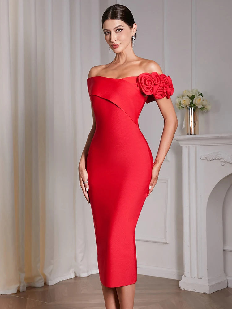 2026 Sexy Off The Shoulder Flower Patchwork Bandage Dress Women Red Florals Bodycon Midi Dresses Evening Party Gowns