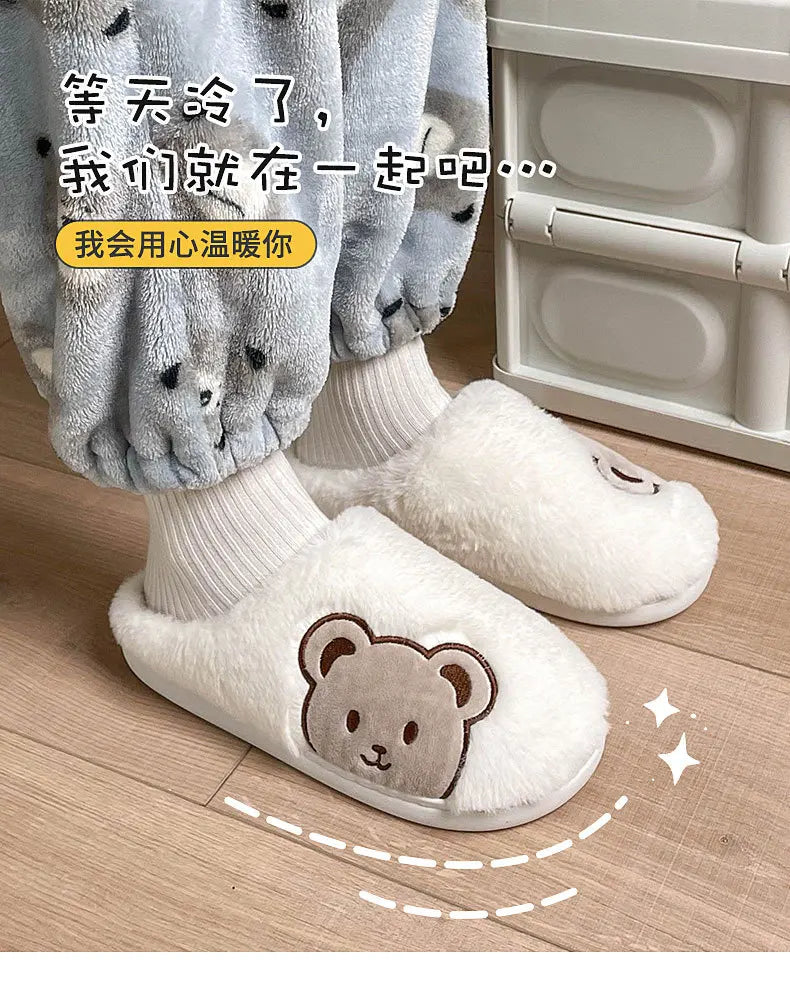 Bear Plush Slippers For Women Men Fashion Kawaii Fluffy Winter Warm Slippers Lovers Cartoon Teddy Bear House Shoes TG03