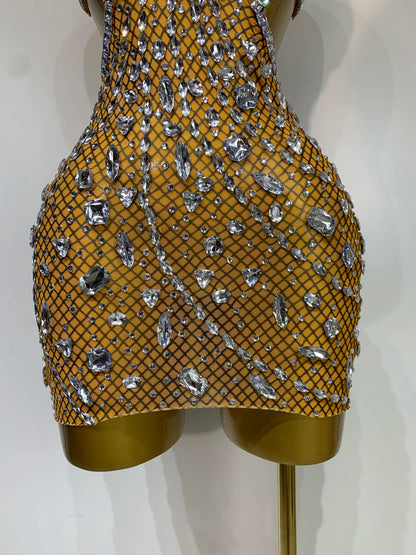 Sexy Sparkly Diamond Backless Short Dress 2025 Women Sleeveless Mesh See Through Evening Birthday Gown Singer Stage Outfit