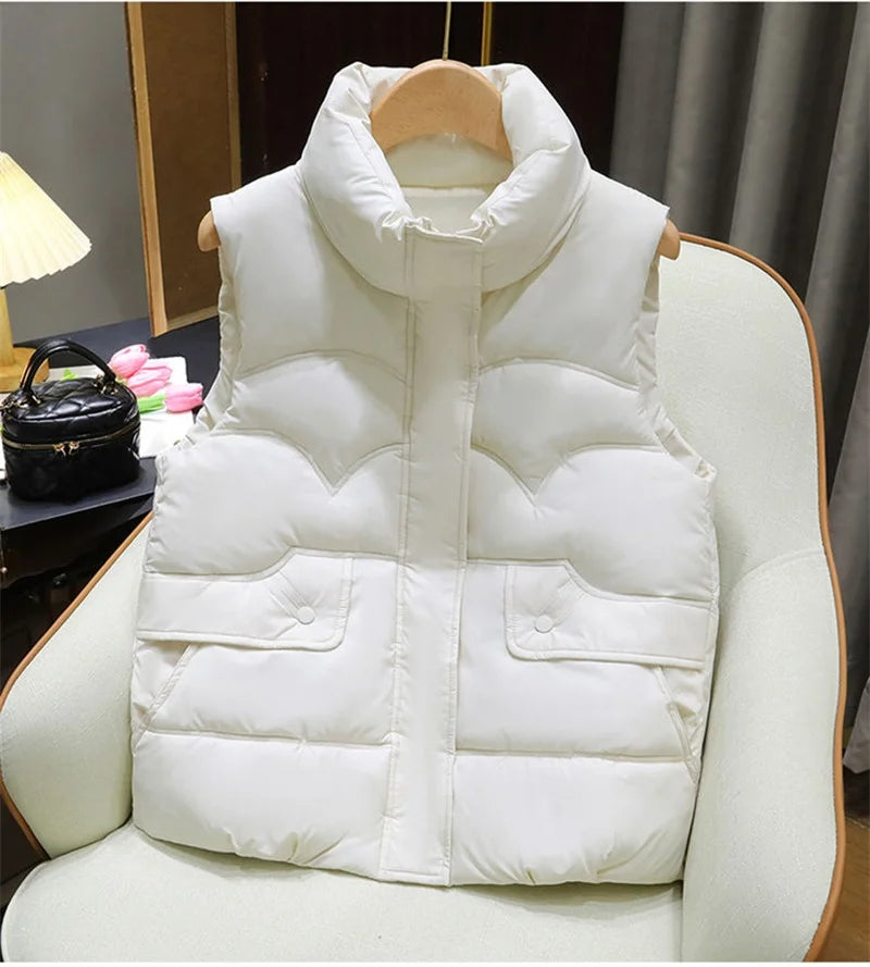 Down Cotton Vest Women 2025 New Autumn Winter Fashion Stand Collar All-Match Warm Sleeveless Waistcoat Jacket Ladies Female Tops