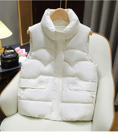 Down Cotton Vest Women 2025 New Autumn Winter Fashion Stand Collar All-Match Warm Sleeveless Waistcoat Jacket Ladies Female Tops