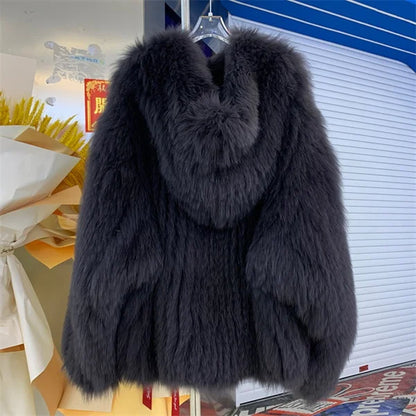 Fox Fur Coat Women's Winter Fashion Warm 100% Fox Fur Coat Hooded Long Sleeved Sweet Women's Luxury Designer Coat