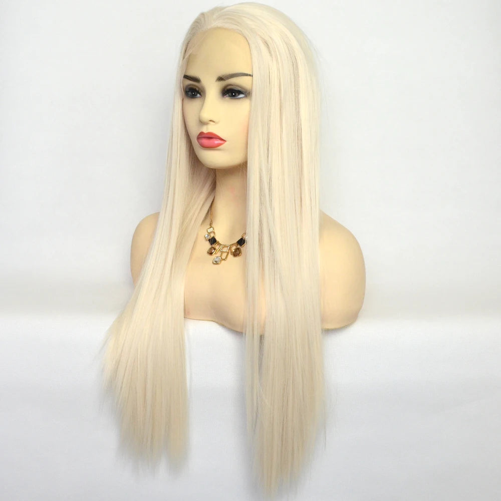 Voguequeen Platinum Blonde Synthetic Lace Front Wigs Silky Straight Heat Resistant Fiber Daily Wear For Women