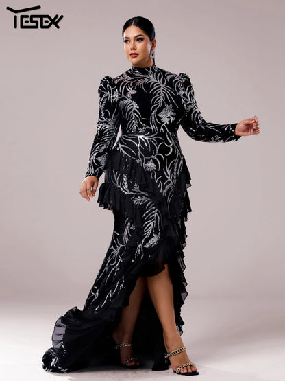 Yesexy Plus Size Elegant Beautiful Women Round Neck Long Sleeved Split Evening Gown Wedding Birthday Party Formal Occasion Dress