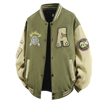 Hip Hop Men's Suede Embroidered Varsity Jacket Color Block Letter Graphic Long Sleeve Baseball Jacket Bomber Coat
