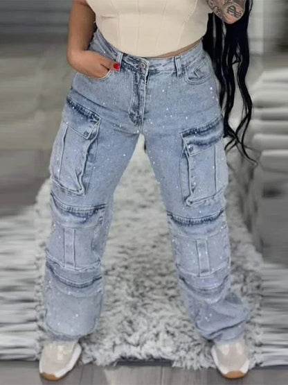 CPSYMYM Bright Drill Women's Work Jeans Chic Multiple Pockets High Waist Button Female Jean  Spring Summer Y2K Lady Streetwear