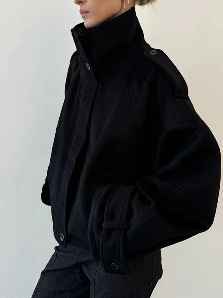 Casual Solid Loose Jackets Women Fashion Full Sleeve Single Breasted Stand Collar Short Coats Female 2025 Autumn Lady Outwears