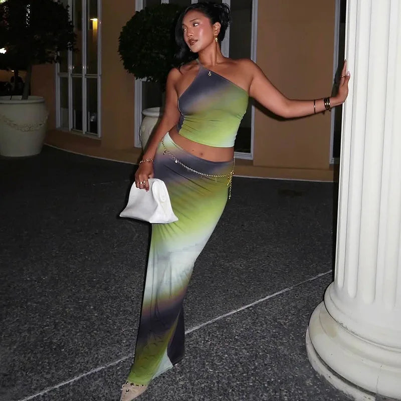 Elegant One Shoulder Green Gradient Color Vacation Beach Dress 2 Piece Set Women One Shoulder Backless Tank Top Long Skirts Suit