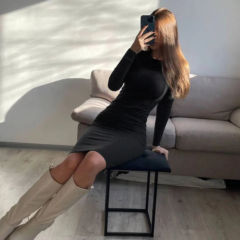 Autumn Winter New Dresses Women Fashion Casual Slim O-Neck Long Sleeves Elegant Dress Sexy Black Female Club Party Maxi Dresses