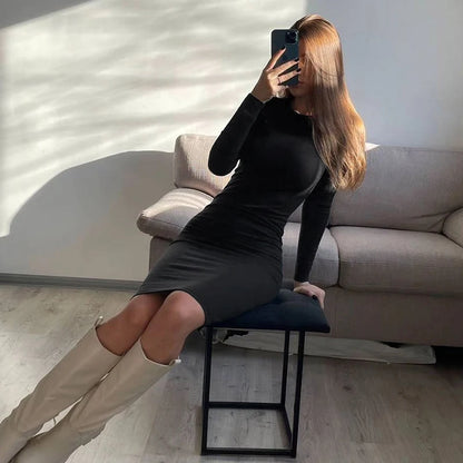 Autumn Winter New Dresses Women Fashion Casual Slim O-Neck Long Sleeves Elegant Dress Sexy Black Female Club Party Maxi Dresses