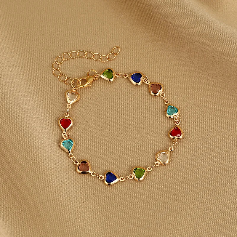 Elegant Red Crystal Zircon Metal Chain Bracelets for Women Colorful Heart Bracelets Party Wedding Girl Wrist Jewelry Gift