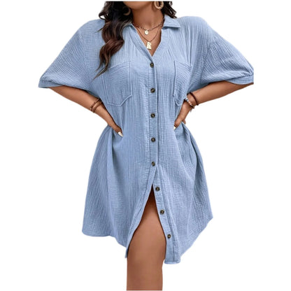 New Women'S Fashion Casual Solid Color Buttoned Mid-Length Short Sleeve Loose Dress Vestidos Para Mujer Ropa De Mujer 신상원피스