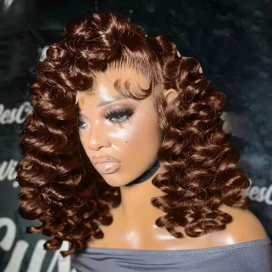 Chocolate Brown Short Bob Lace Front Loose Deep Wave 13x6 13x4 HD Lace Frontal Wigs Highlight Human Hair Colored Water Curly Wig
