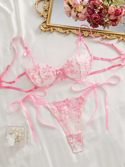 Floral Embroidery Transparent Mesh Bra Brief Sets Ultra Thin Straps Flowers Lace Sexy Lingerie Half Cup Woman Underwear 2025