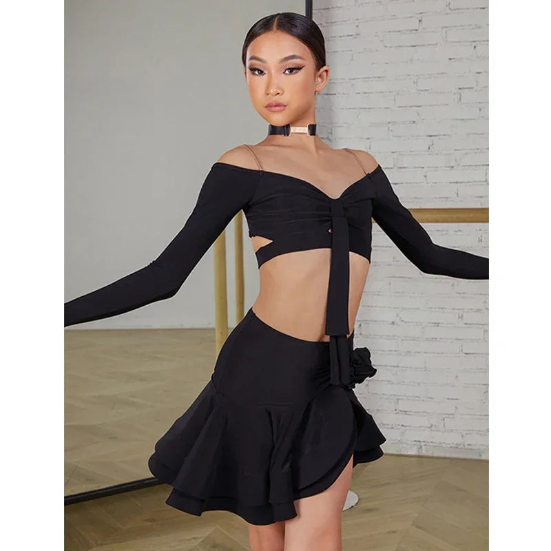 Latin Dance set Clothes Girls Long SLeeves Short Top Skirt Cha cha samba Performance Competition Dress Burgundy Black Dress Kids
