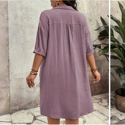 New Women'S Fashion Casual Solid Color Buttoned Mid-Length Short Sleeve Loose Dress Vestidos Para Mujer Ropa De Mujer 신상원피스