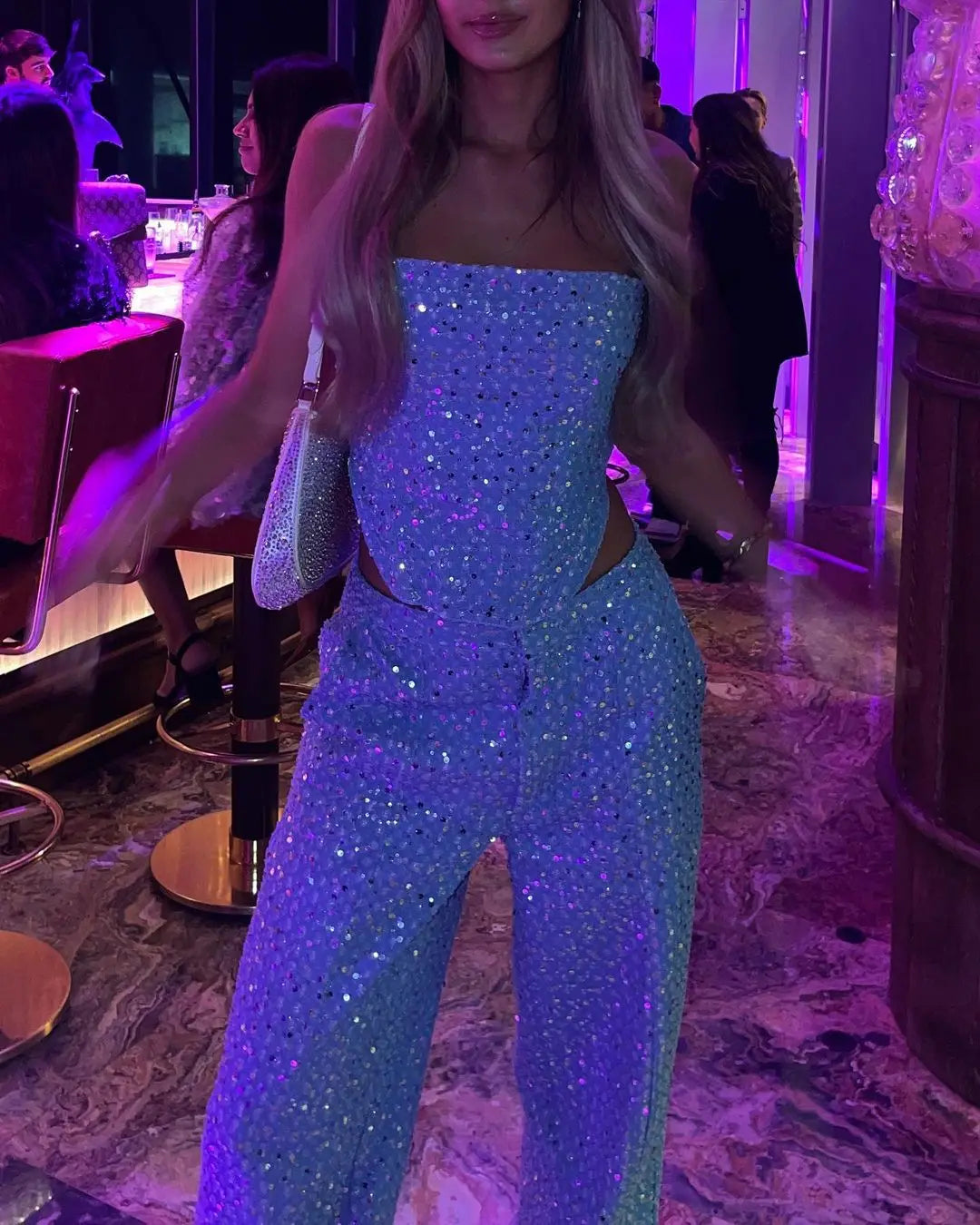 Fashion Sequins Denim Set Women Strapless Tunic Waist Crop Top and Wide Leg Pant Suit 2025 &2026 New 2 Piece Sets Outfits Tracksuit