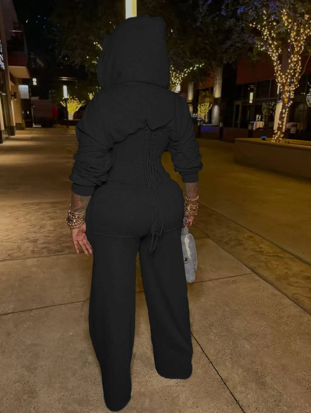 FAGADOER Casual 2 Pieces Set for Woman Outfits Solid Color Bandage Patchwork Hooded Crop Top and Pants Suit Female Streetwear