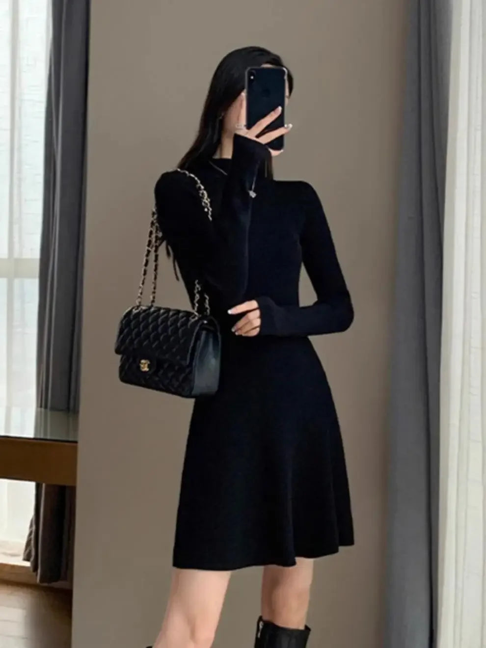 Women's Knitted A- Line Mini Dress Hepburn Little Black Dress Autumn Winter Inner Wear Slimming Base Layer Skirt For Coat