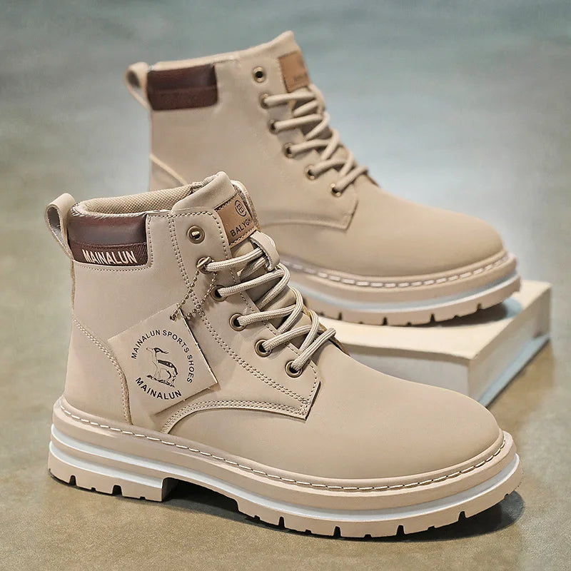 Classic Men High Top Boots High Quality Yellow Leather Boots Fashion Outdoor Sneakers Men Lace Up Non-Slip Ankle Boots for Men