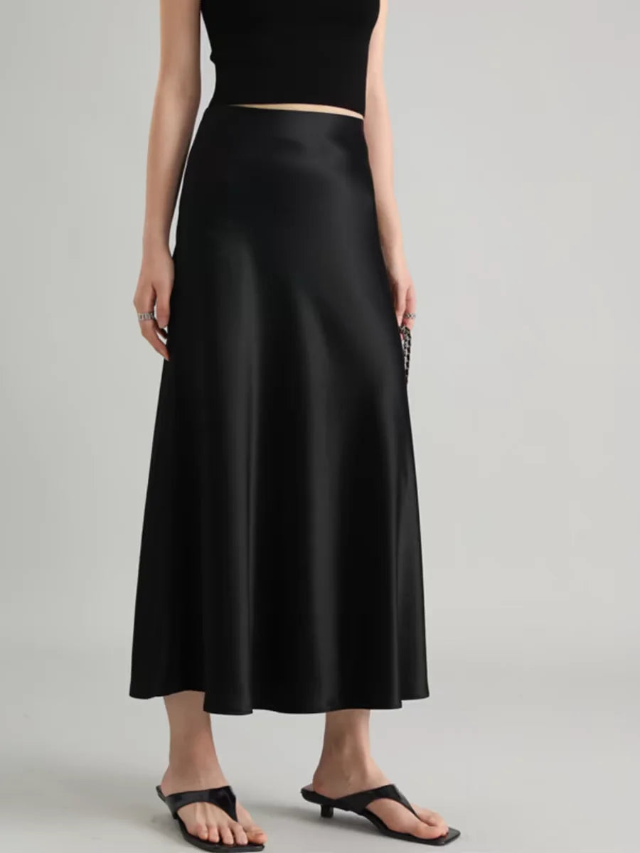 Women's Satin Skirt High Waist Elegant Midi A-line Skirt Lady's Summer Solid Champagne Vintage Silk Long Skirts for Women 2026