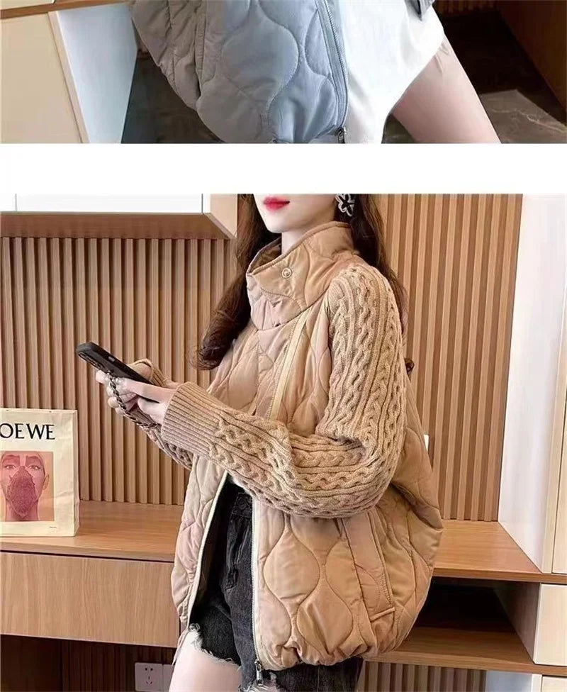 Stand Collar Sweater Sleeve Splicing Down Cotton Jacket Women Autumn Winter Warm Down Cotton Parkas 2025 New Female Fashion Coat